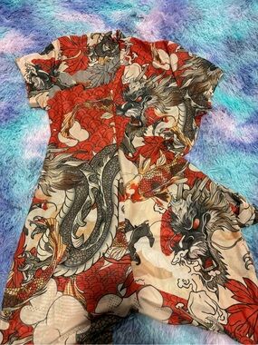 Dragon & Koi Print Short Sleeve Button Romper - Red, Cream, Black